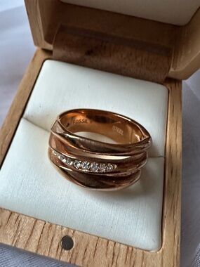 Fossil Rose Gold-Tone Layered Band Ring with Clear Crystals